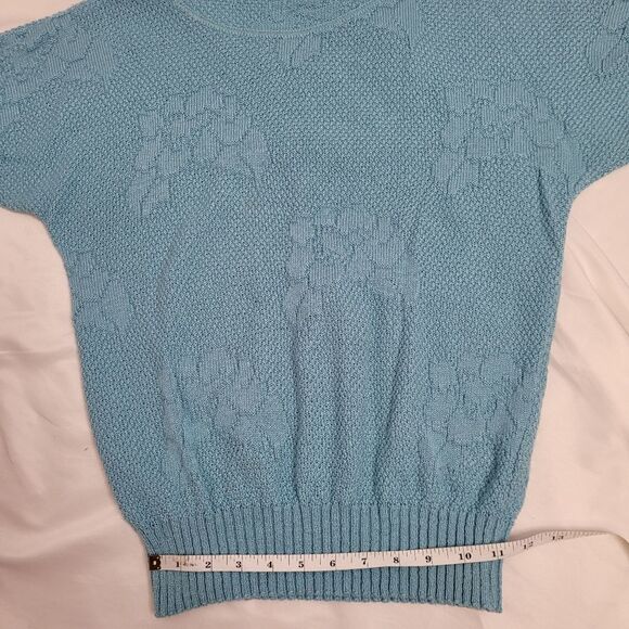 VINTAGE 90s blue‎ sweater floral intarsia short sleeve fitted waist S - Picture 7 of 8